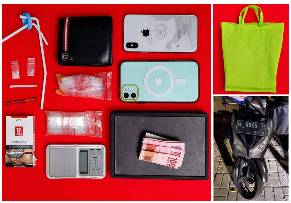 Dari hasil penggeledahan terhadap kedua tersangka serta penggeledahan lanjutan di rumah salah satu pelaku, Polisi menyita sejumlah barang bukti dua paket sabu dengan total berat sekitar 0,139 gram, dua unit telepon genggam, uang tunai hasil penjualan, satu unit sepeda motor, alat hisap (bong), timbangan digital, serta kantong plastik klip penyimpan sabu