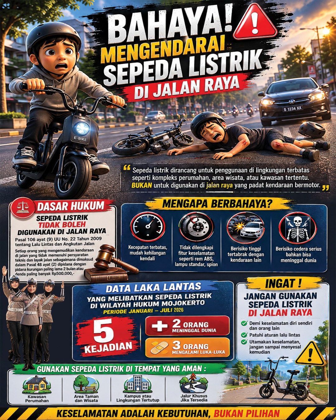 olres Mojokerto Polda Jawa Timur secara tegas mengimbau seluruh lapisan masyarakat untuk tidak mengendarai sepeda listrik di jalan raya.