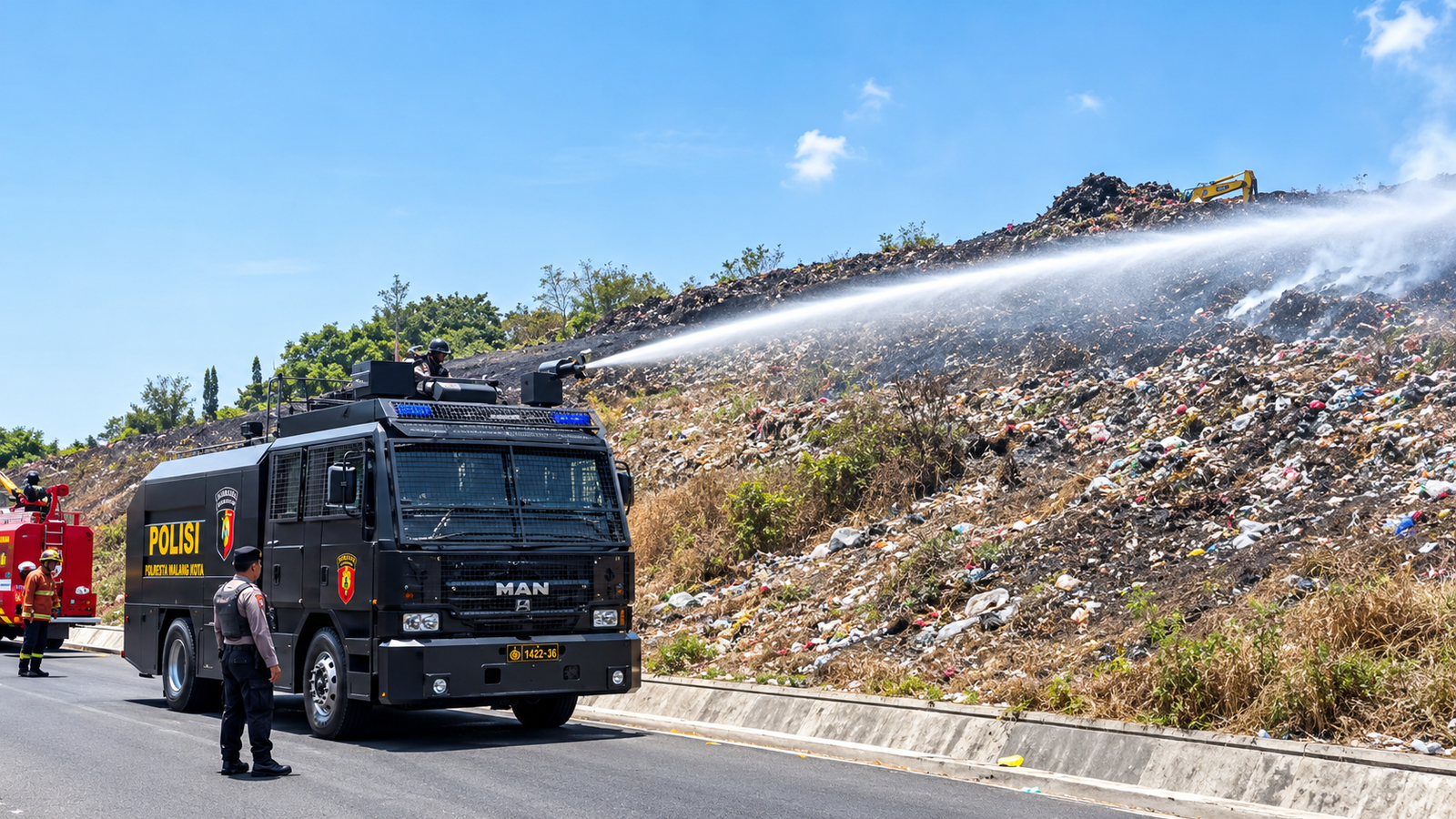 Polresta Malang Kota Kerahkan Mobil Water Cannon Bantu Tangani Kebakaran TPA Supit Urang